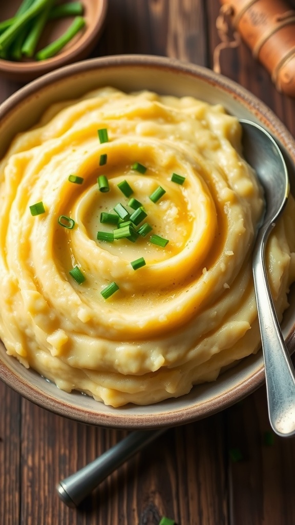 A bowl of creamy mashed neeps garnished with chives on a rustic table.